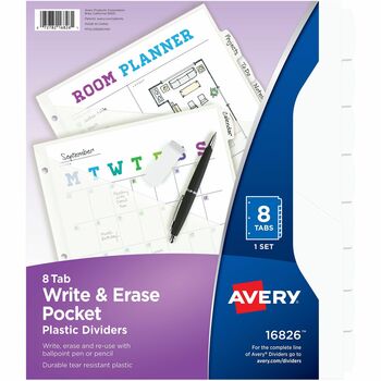 Avery Write &amp; Erase Plastic Dividers w/Pocket, 8-Tab, 9 1/4&quot; x 11 1/8&quot;, White
