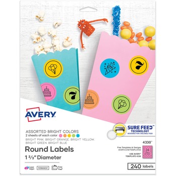 Avery Color Easy Peel Labels, 1 2/3&quot; dia., Assorted, 24/Sheet, 10 Sheets/PK