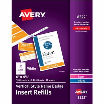 Avery Name Badge Insert Refills, 4 1/4&quot; x 6&quot;, White, 100/Pack