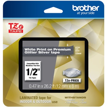 Brother TZe Premium Laminated Tape, 12mm x 8m, White on Silver
