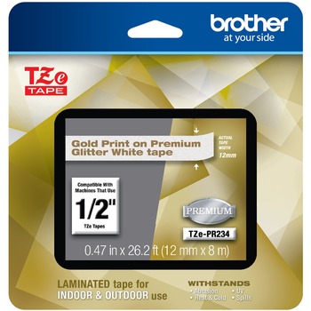 Brother TZe Premium Laminated Tape, 12mm x 8m, Gold on White