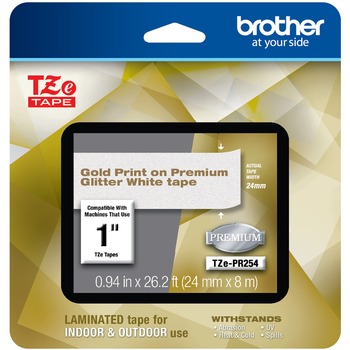 Brother TZe Premium Laminated Tape, 24mm x 4m, Gold on White