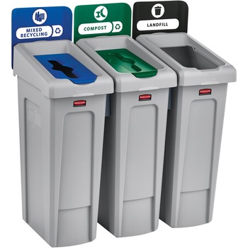 Rubbermaid Commercial Slim Jim Recycling Station Kit, 69 gal, 3-Stream Landfill/Mixed Recycling