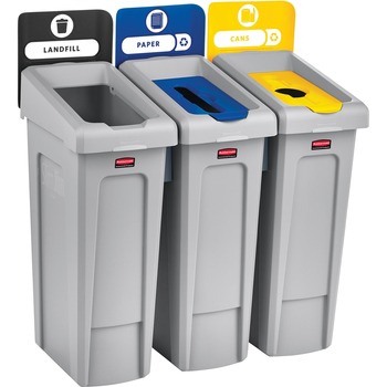 Rubbermaid&#174; Commercial Slim Jim Recycling Station Kit, 69 gal, 3-Stream Landfill/Paper/Bottles/Cans
