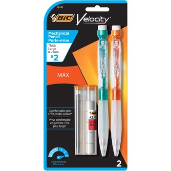 BIC Velocity Max Pencil, 0.9 mm, HB (#2), Black Lead, Assorted Barrel Colors, 2/Pack