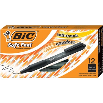 BIC Soft Feel Ballpoint Pen, Retractable, Fine 0.8 mm, Black Ink, Black Barrel, Dozen