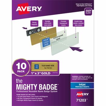 Avery The Mighty Badge&#174;, Horizontal, 1&quot; x 3&quot;, Inkjet, Gold, 10 Holders and 80 Inserts/Pack
