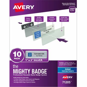 Avery The Mighty Badge&#174;, Horizontal, 1&quot; x 3&quot;, Inkjet, Silver, 10 Holders and 80 Inserts/Pack