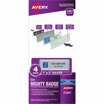 Avery The Mighty Badge&#174;, Horizontal, 1&quot; x 3&quot;, Inkjet, Silver, 4 Holders and 32 Inserts/Pack