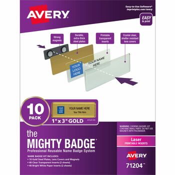 Avery The Mighty Badge&#174;, Horizontal, 1&quot; x 3&quot;, Laser, Gold, 10 Holders and 80 Inserts/Pack