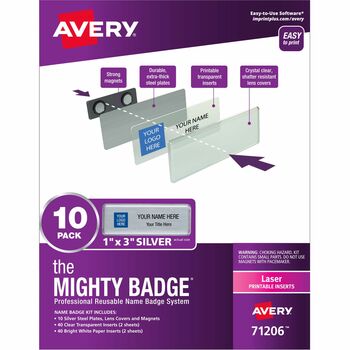 Avery The Mighty Badge&#174;, Horizontal, 1&quot; x 3&quot;, Laser, Silver, 10 Holders and 80 Inserts/Pack