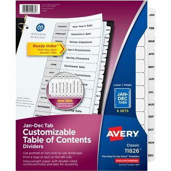 Avery Customizable Table of Contents Ready Index Black and White Dividers, 12-Tab, Jan. to Dec., 11 x 8.5, 6 Sets