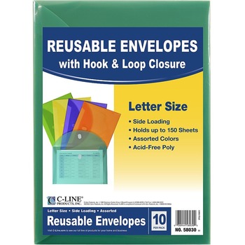 W.B. Mason Co. Reusable Poly Envelope, Hook and Loop Closure, 8-1/2 in x 11 in, Assorted Colors, 10/Pack