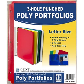 C-Line Two-Pocket Heavyweight Poly Portfolio Folder, 3-Hole Punch, Letter, Asst, 10/PK