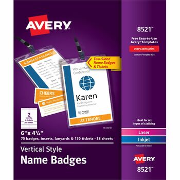 Avery Lanyard-Style Name Badge Holders w/Inserts, Top Load, 4 1/4&quot; x 6&quot;, White, 75/PK