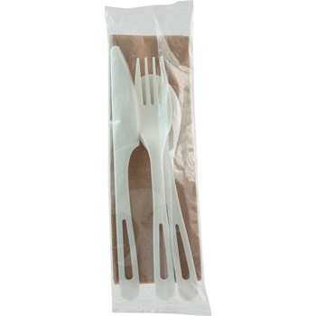 World Centric TPLA Compostable Cutlery, Knife/Fork/Spoon/Napkin, 6&quot;, White, 250/CT