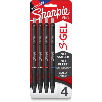 Sharpie S-Gel Retractable Gel Pen, Bold 1 mm, Assorted Ink, Black Barrel, 4/PK