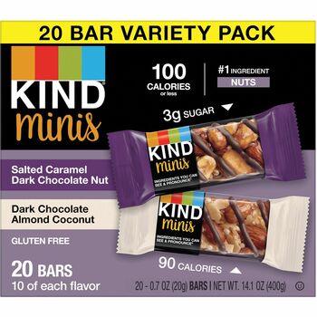 KIND Minis, Salted Caramel and Dark Chocolate Nut/Dark Chocolate Almond and Coconut, 0.7 oz, 20/Pack