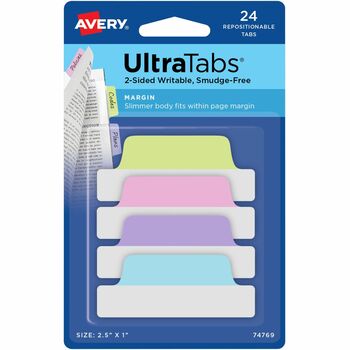 Avery Ultra Tabs&#174; Repositionable Margin Tabs, Two-Side Writable, 2 1/2&quot;&quot; x 1&quot;&quot;, Pastels, 24/PK