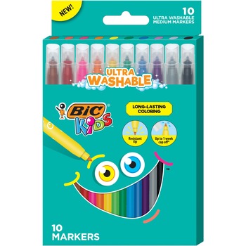 BIC Kids Ultra Washable Markers, Medium Bullet Tip, Assorted Colors, 10/Pack