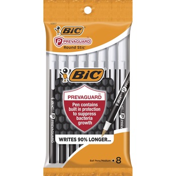 BIC PrevaGuard Ballpoint Pen, Stick, Medium 1 mm, Black Ink/Black Barrel, 8/Pack