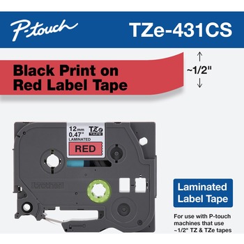 Brother TZe Laminated Removable Label Tapes, 0.47&quot; x 26.2 ft, Black on Red