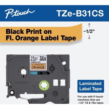Brother P-Touch TZe-B31CS Laminated Label Tape, 1/2w, Black on Fluorescent Orange