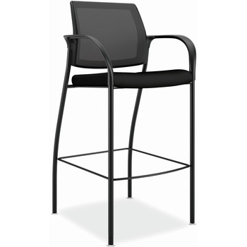 HON Ignition Cafe-Height 4-Leg Stool, Fixed Arms, Glides, 4-way Stretch Mesh Back, Black