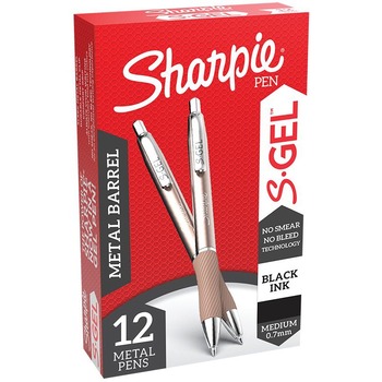 Sharpie S-Gel Premium Metal Barrel Gel Pen, Retractable, Medium 0.7 mm, Black Ink, Champagne Barrel, Dozen