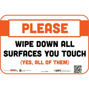 Tabbies BeSafe Messaging Repositionable Wall/Door Signs, 9 x 6, Please Wipe Down All Surfaces You Touch, White, 3/PK