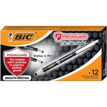 BIC PrevaGuard Ballpoint/Stylus Pen, Retractable, Medium 1 mm, Black Ink/Black Barrel, Dozen