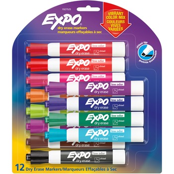 EXPO Low Odor Dry Erase Vibrant Color Markers, Assorted Colors, Medium, 12/Set