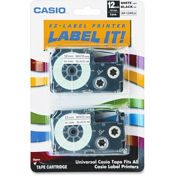 Casio&#174; Tape Cassettes for KL Label Makers, 12mm x 26ft, Black on White, 2/Pack
