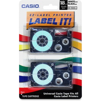 Casio Tape Cassettes for KL Label Makers, 18mm x 26ft, Black on White, 2/Pack