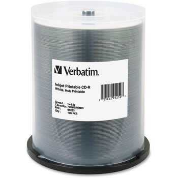 Verbatim Hub IJ Printable CD-R Discs, 700MB/80min, 52x, Spindle, White, 100/Pack