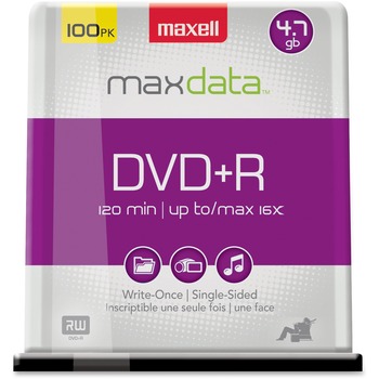 Maxell DVD+R Discs, 4.7GB, 16x, Spindle, Silver, 100/Pack