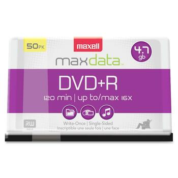 Maxell DVD+R Discs, 4.7GB, 16x, Spindle, Silver, 50/Pack