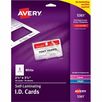 Avery Self-Laminating ID Cards, 2&quot; x 3 1/4&quot;, 30/BX