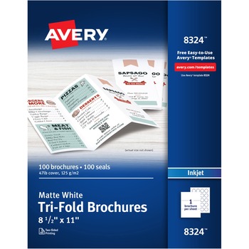 Avery Tri-Fold Brochures, 92 Bright, 85 lb, 8.5&quot; x 11&quot;, Matte White, 100/Pack