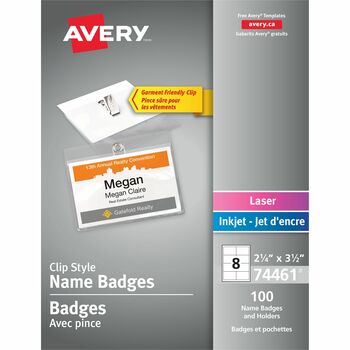Avery Top-Loading Clip-Style Name Badges, 2 1/4&quot; x 3 1/2&quot;, 100/BX