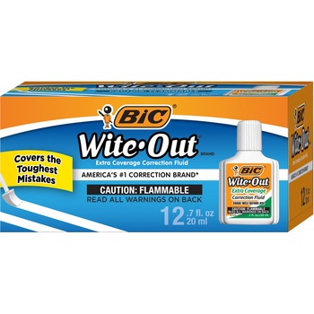 BIC Wite-Out Extra Coverage Correction Fluid, 20 ml Bottle, White, 1/Dozen