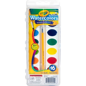 Crayola Washable Watercolor Pans with Plastic Handled Brush, 16/PK