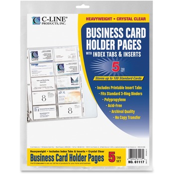 C-Line Tabbed Business Card Binder Pages, 20 Cards Per Letter Page, Clear, 5 Pages