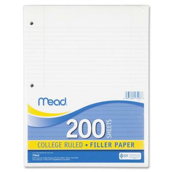 Mead Filler Paper, 15 lb, College Rule, 3-Hole Punched, 8.5&quot; x 11&quot;, White, 200 Sheets