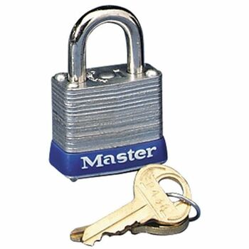 Master Lock Four-Pin Tumbler Lock, Laminated Steel Body, 1 1/8&quot; Wide, Silver/Blue, Two Keys