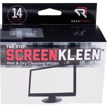 Read Right Two Step Screen Kleen Wet and Dry Cleaning Wipes, 5 x 5, 14/Box