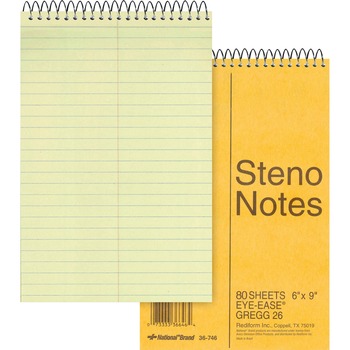 National Standard Spiral Steno Book, Gregg Ruled, 6&quot; x 9&quot;, Green Paper, Yellow Cover, 80 Sheets