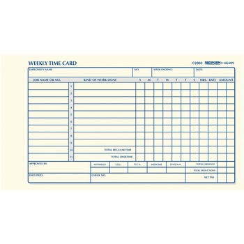 Rediform Employee Time Card, Weekly, 4-1/4 x 7, 100/Pad