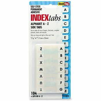 Redi-Tag Side-Mount Self-Stick Plastic A-Z Index Tabs, 1 inch, White, 104/Pack