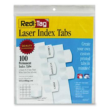 Redi-Tag Laser Printable Index Tabs, 1 1/8 Inch, White, 100/Pack